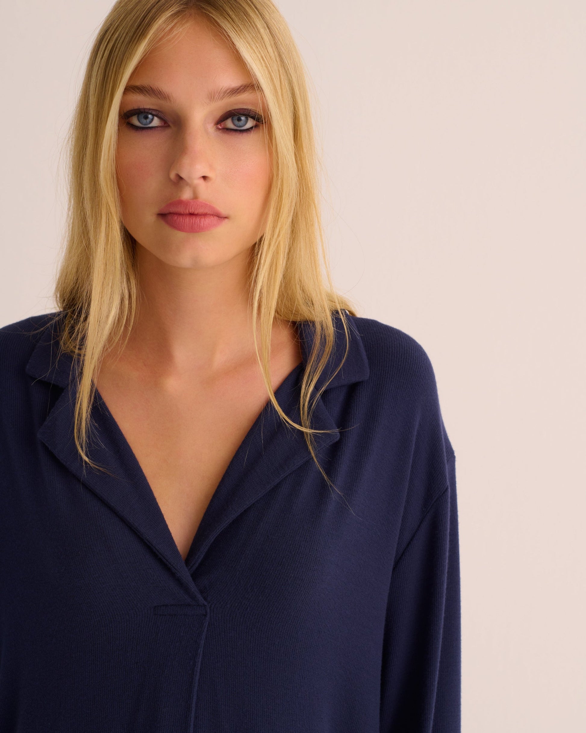 Navy Oversized Retro Ribbed Soft Modal Shirt and Wide Leg Jogger Set