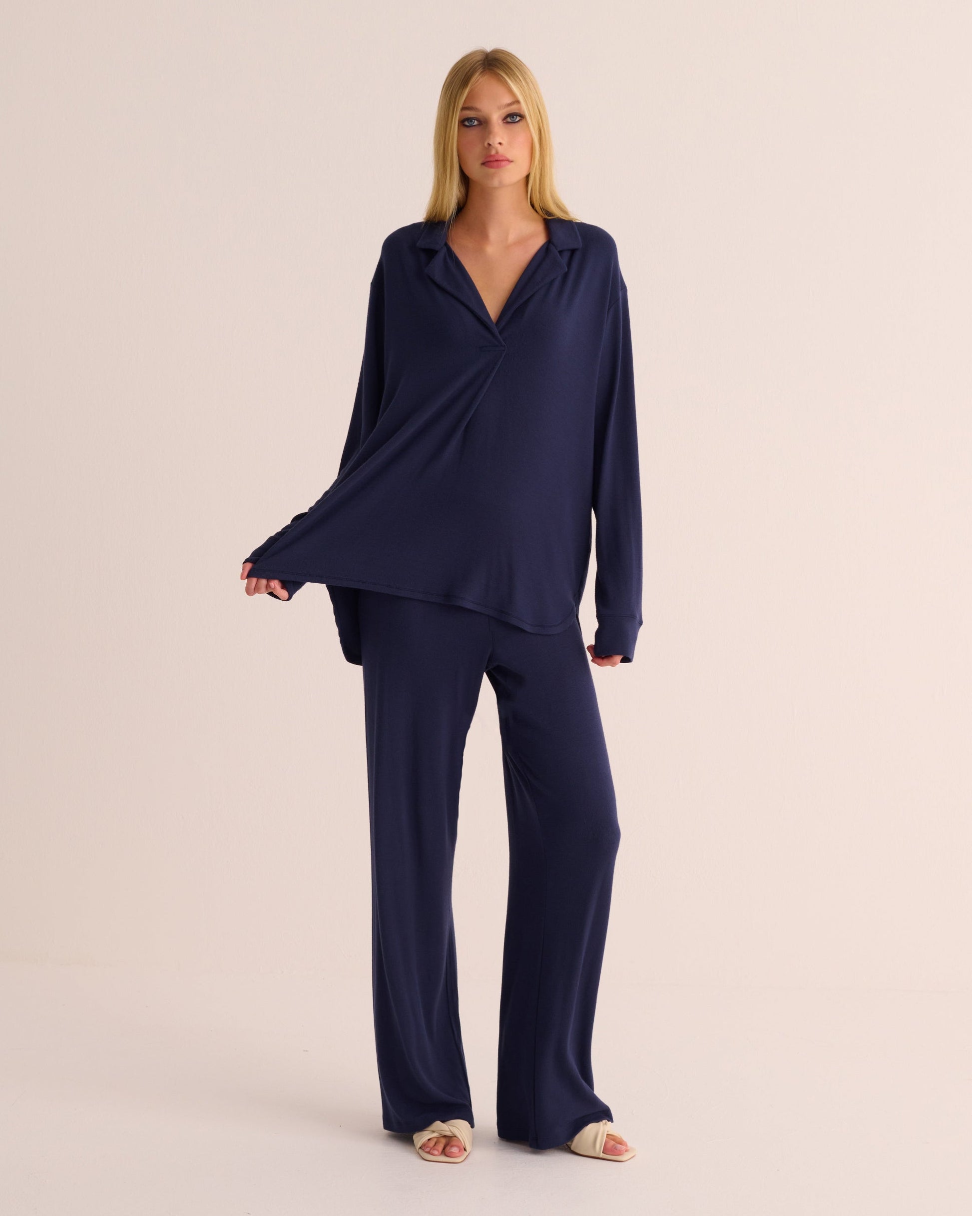 Navy Oversized Retro Ribbed Soft Modal Shirt and Wide Leg Jogger Set