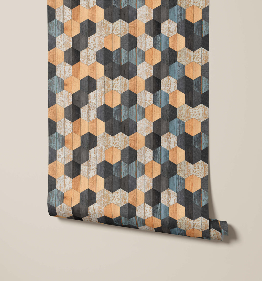 Neville Geometric Wallpaper with Faux Wood Texture