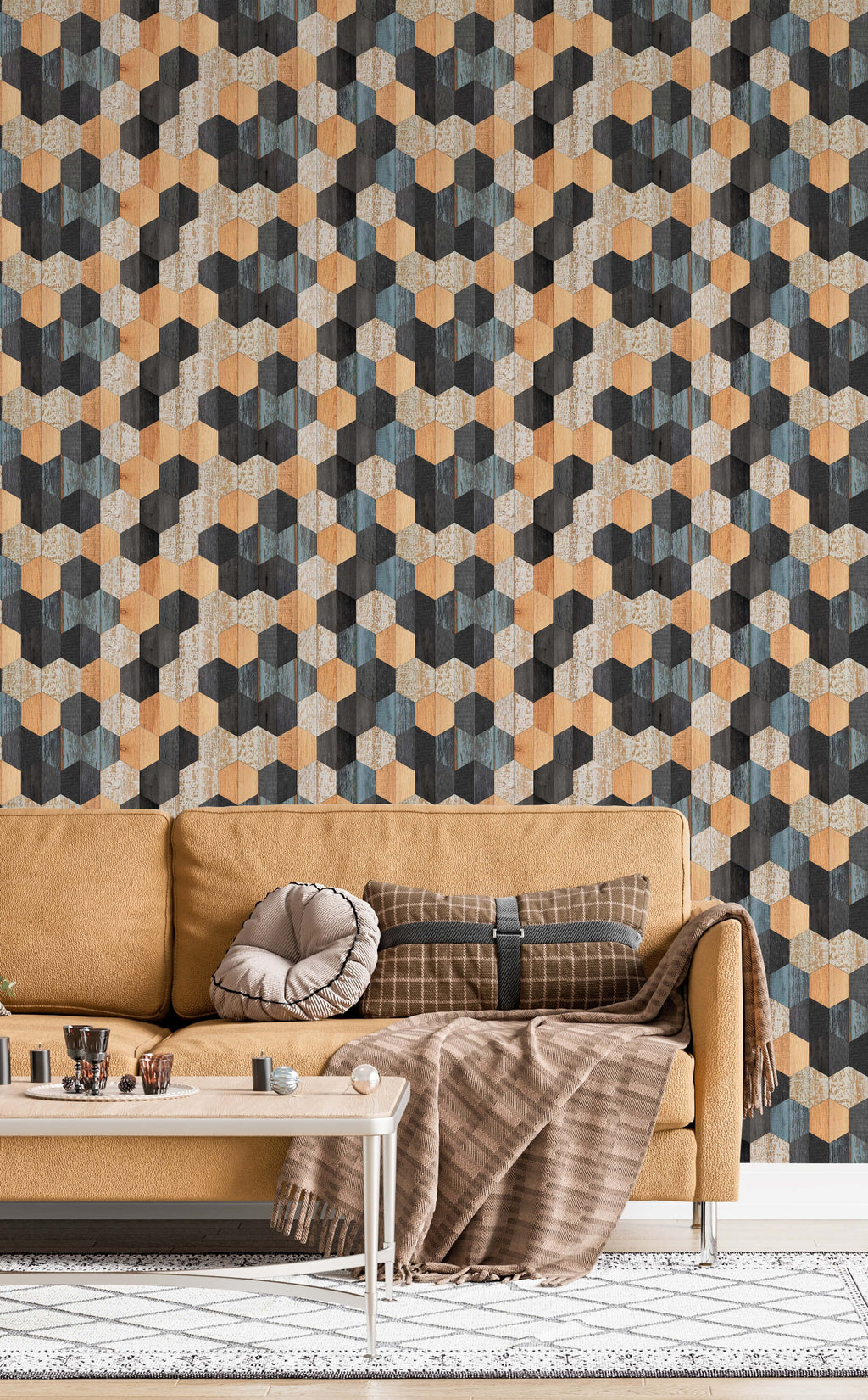 Neville Geometric Wallpaper with Faux Wood Texture