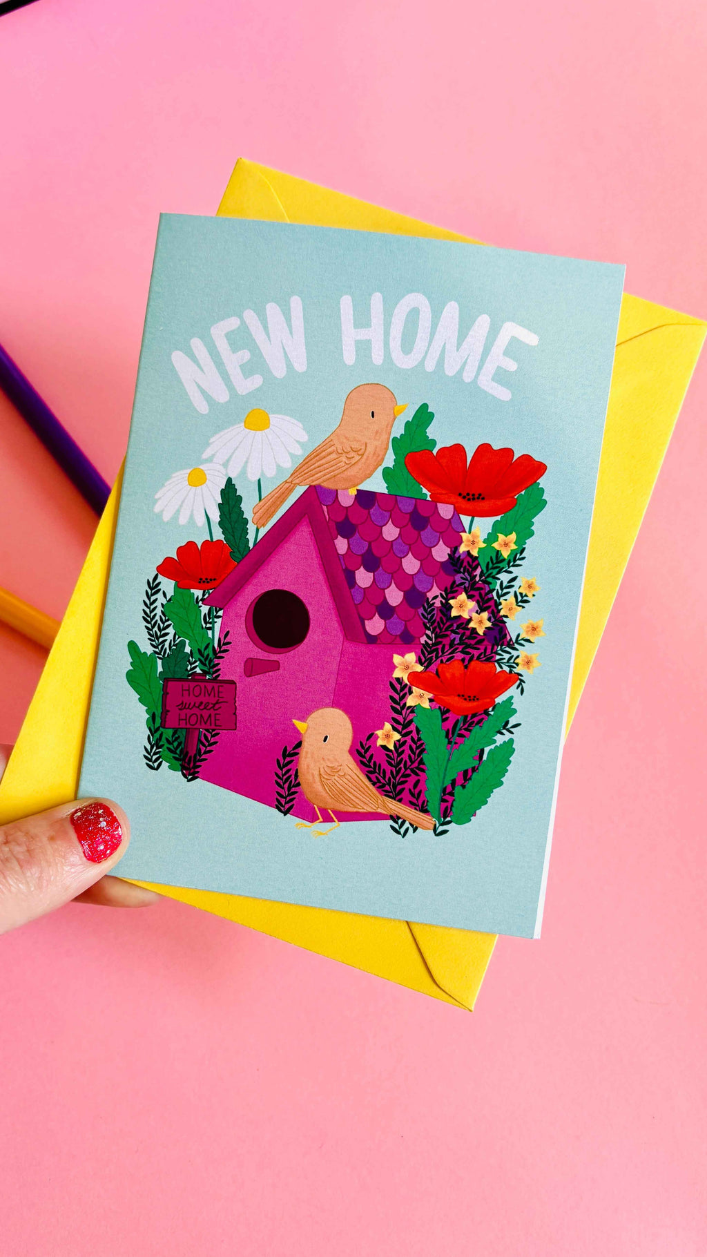 New Home Card with Cute Colourful Handmade Floral Birdhouse