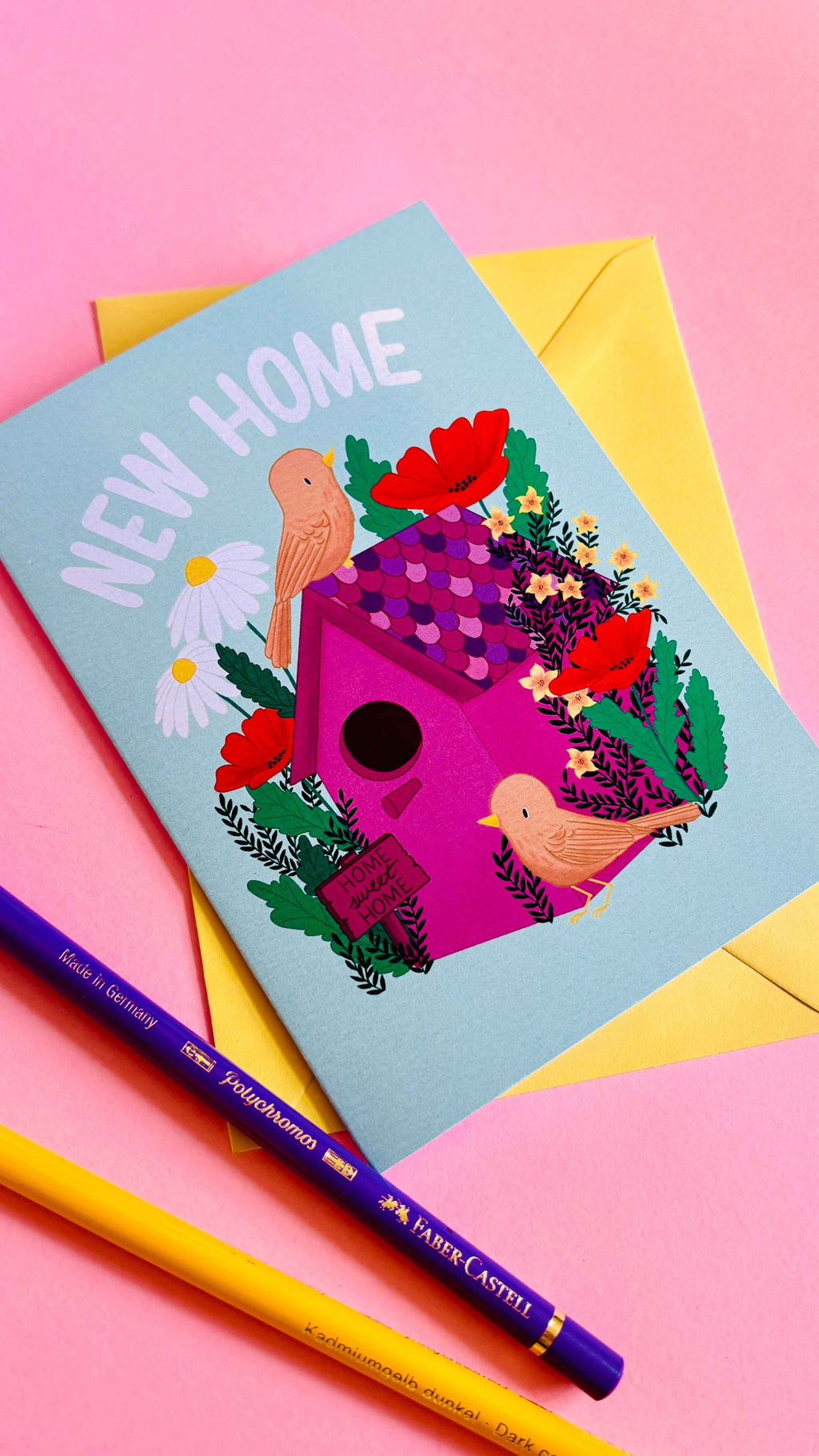 New Home Card with Cute Colourful Handmade Floral Birdhouse