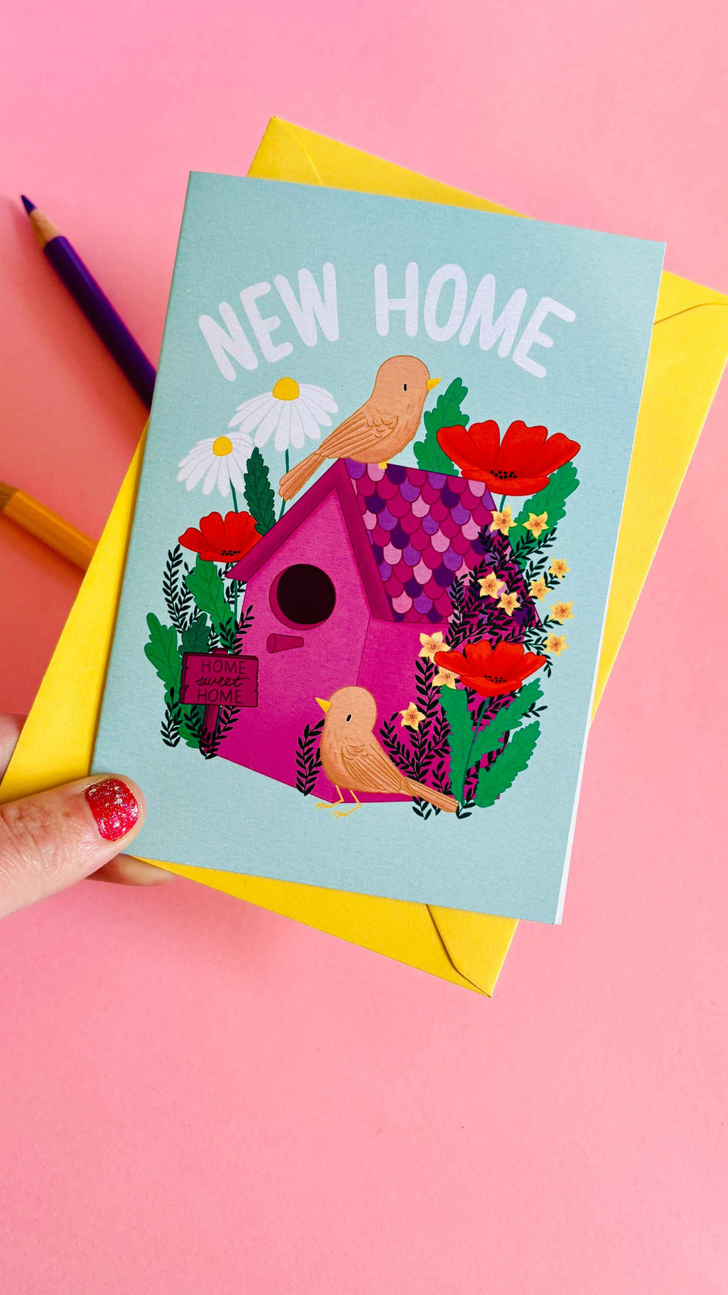New Home Card with Cute Colourful Handmade Floral Birdhouse