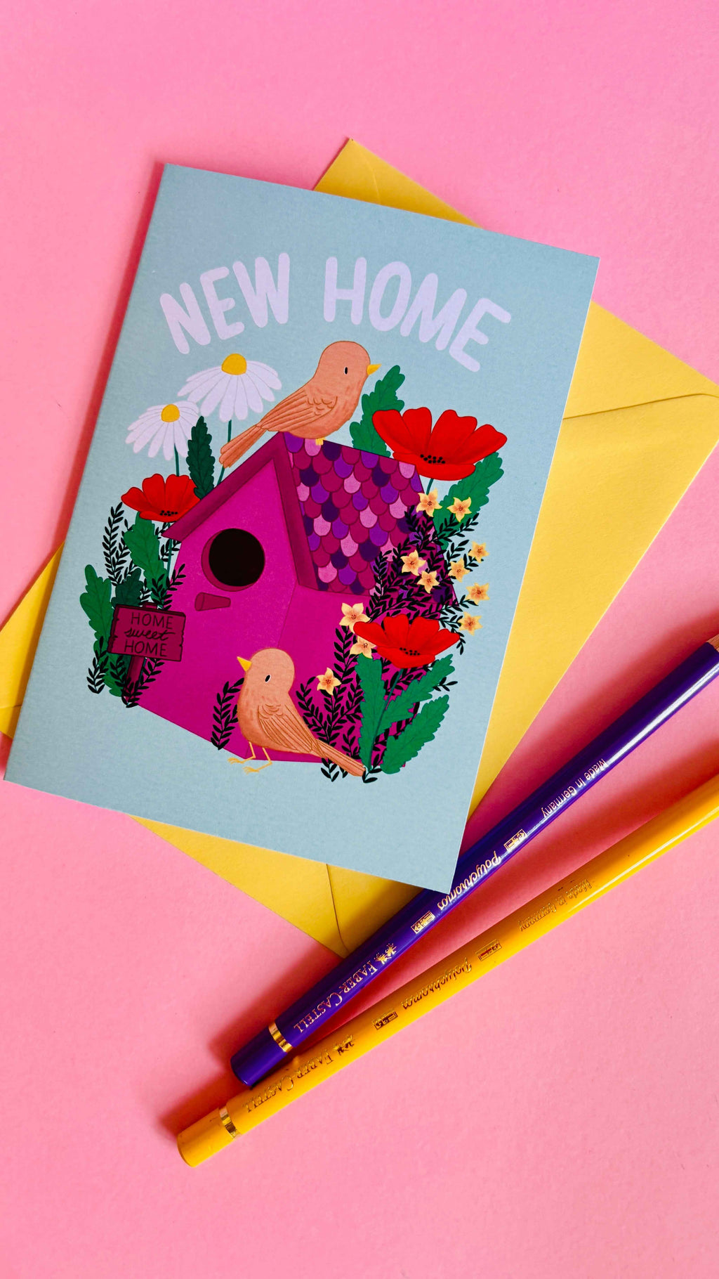 New Home Card with Cute Colourful Handmade Floral Birdhouse