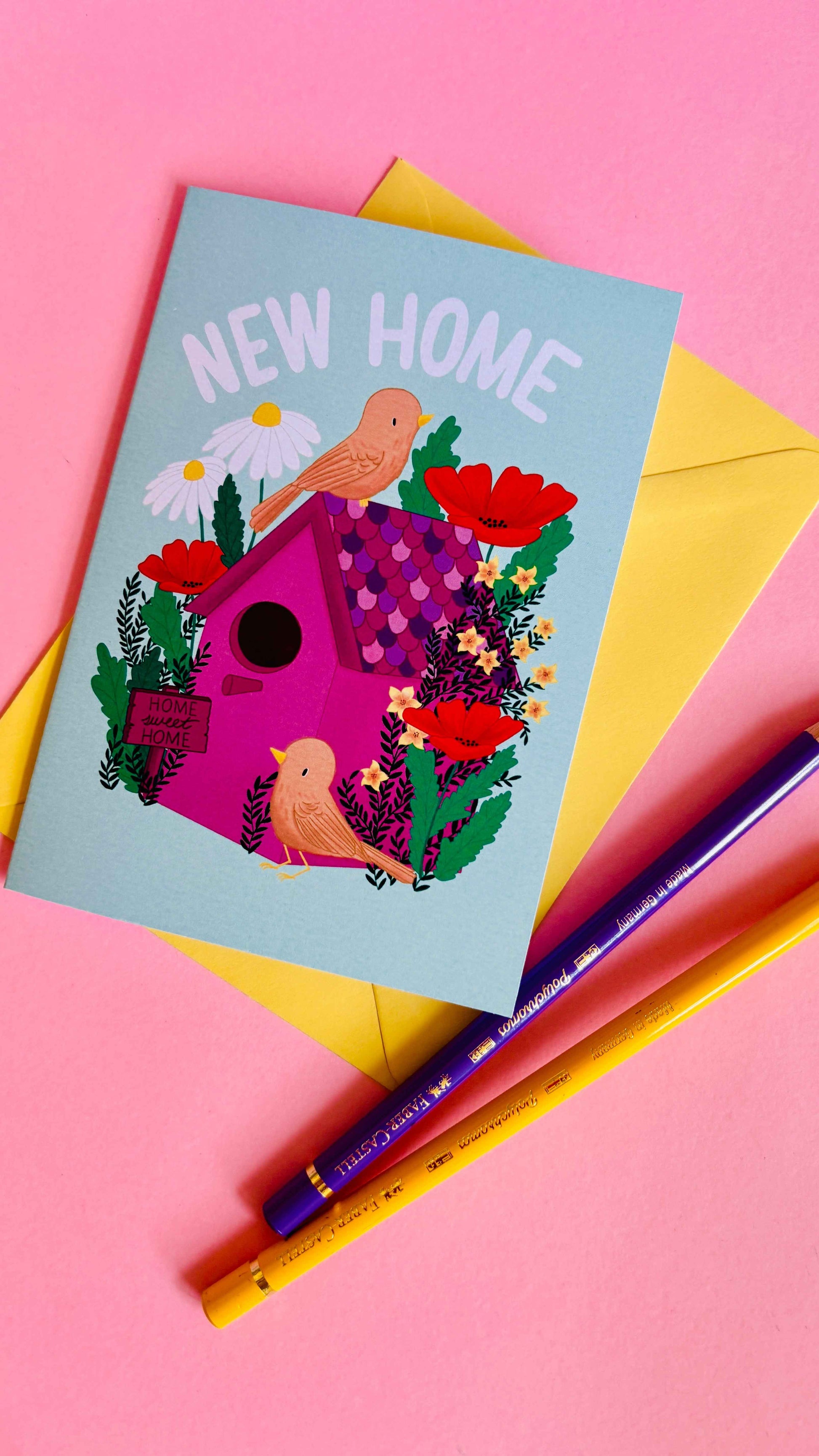 New Home Card with Cute Colourful Handmade Floral Birdhouse