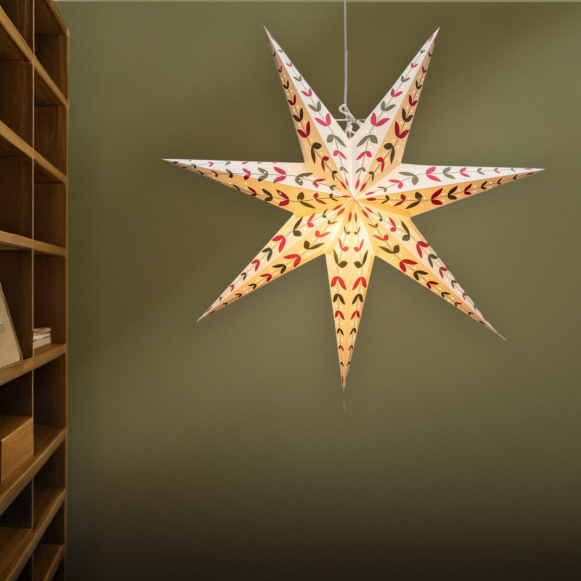 White Paper Star Lantern with Red and Green Leaves