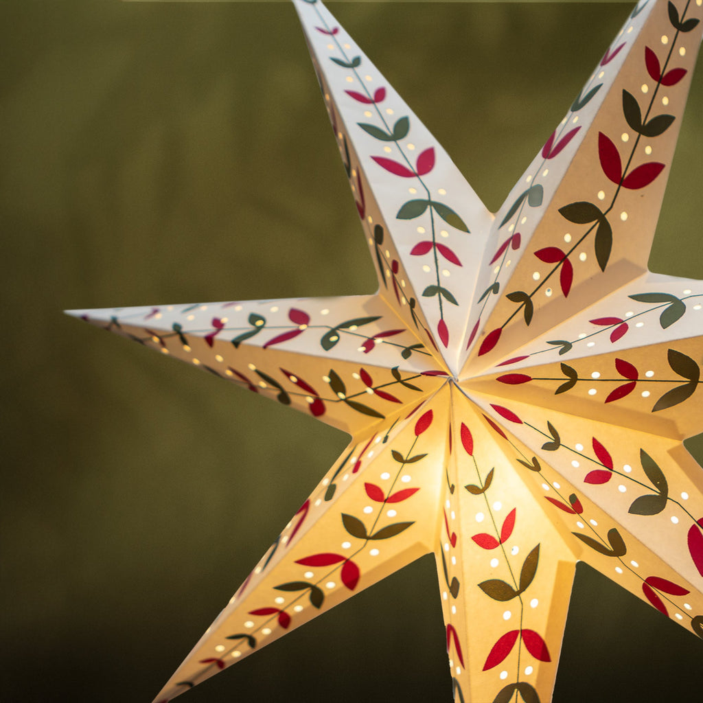 White Paper Star Lantern with Red and Green Leaves