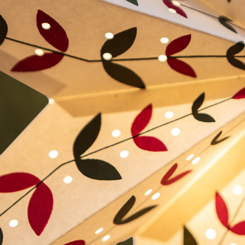 White Paper Star Lantern with Red and Green Leaves