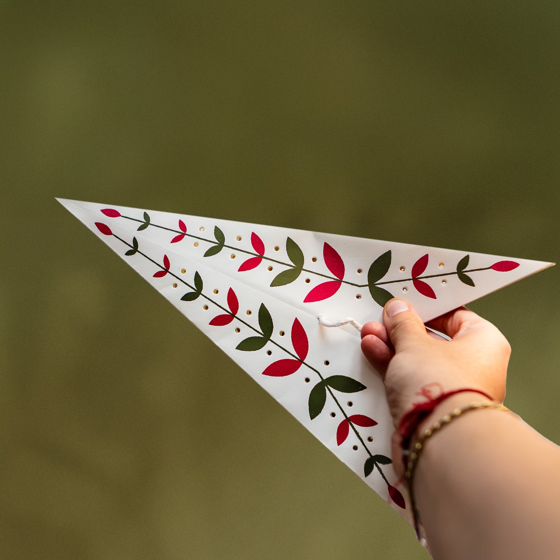 White Paper Star Lantern with Red and Green Leaves
