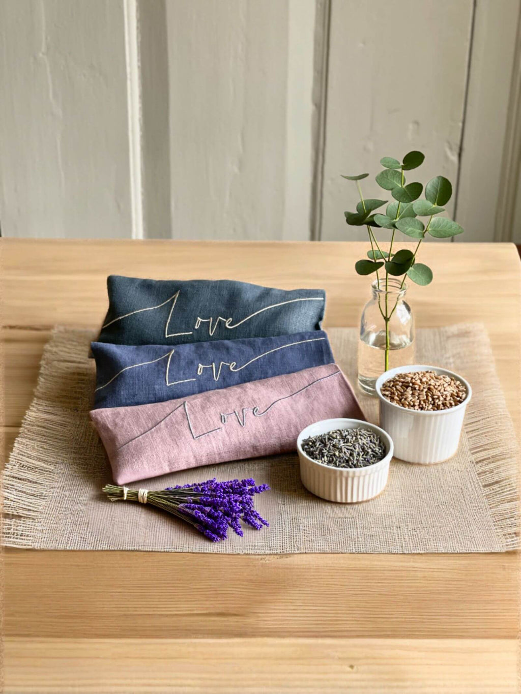 Love Embroidered Linen and Lavender Eye Pillow