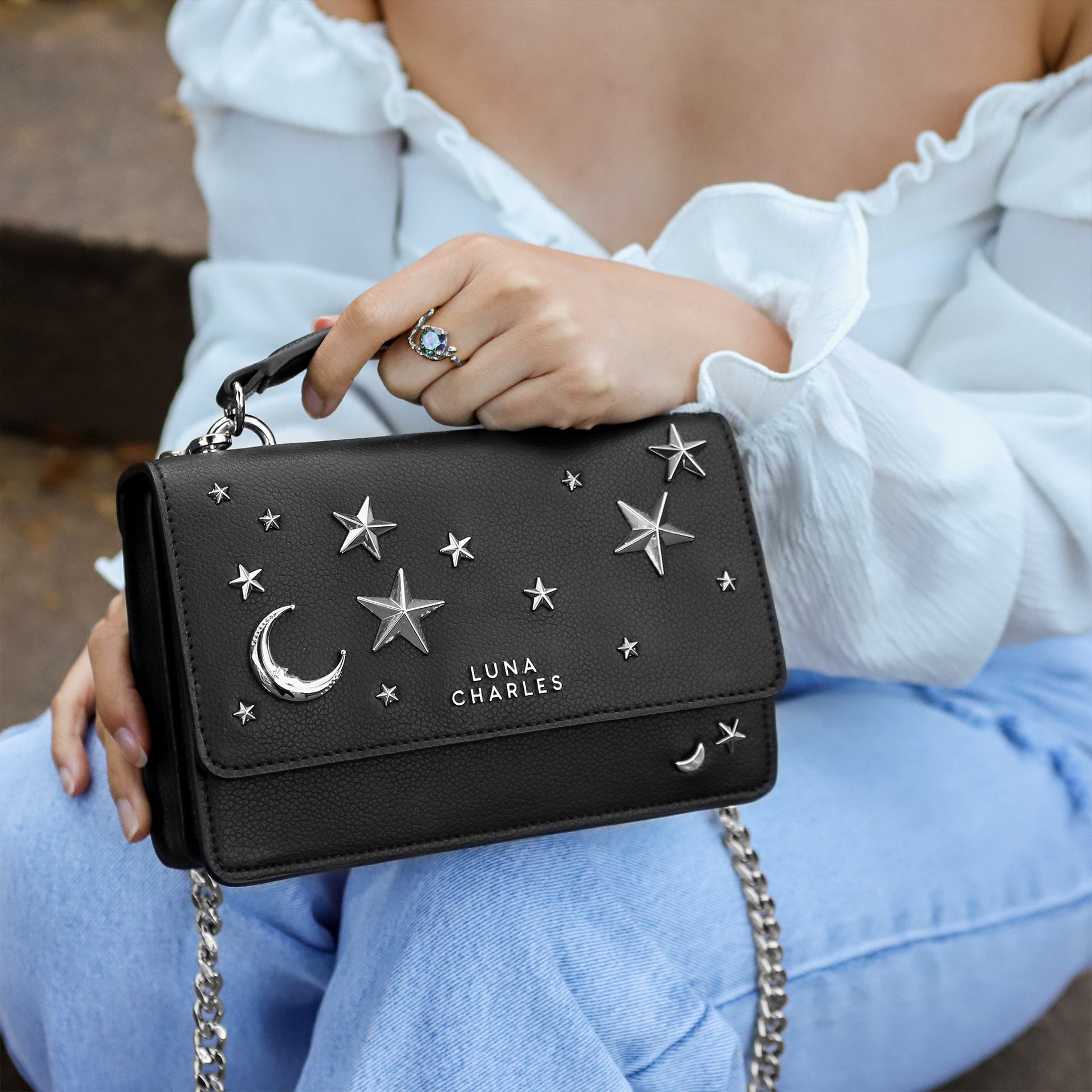 Nova Star Studded Crossbody Bag in Black and Silver