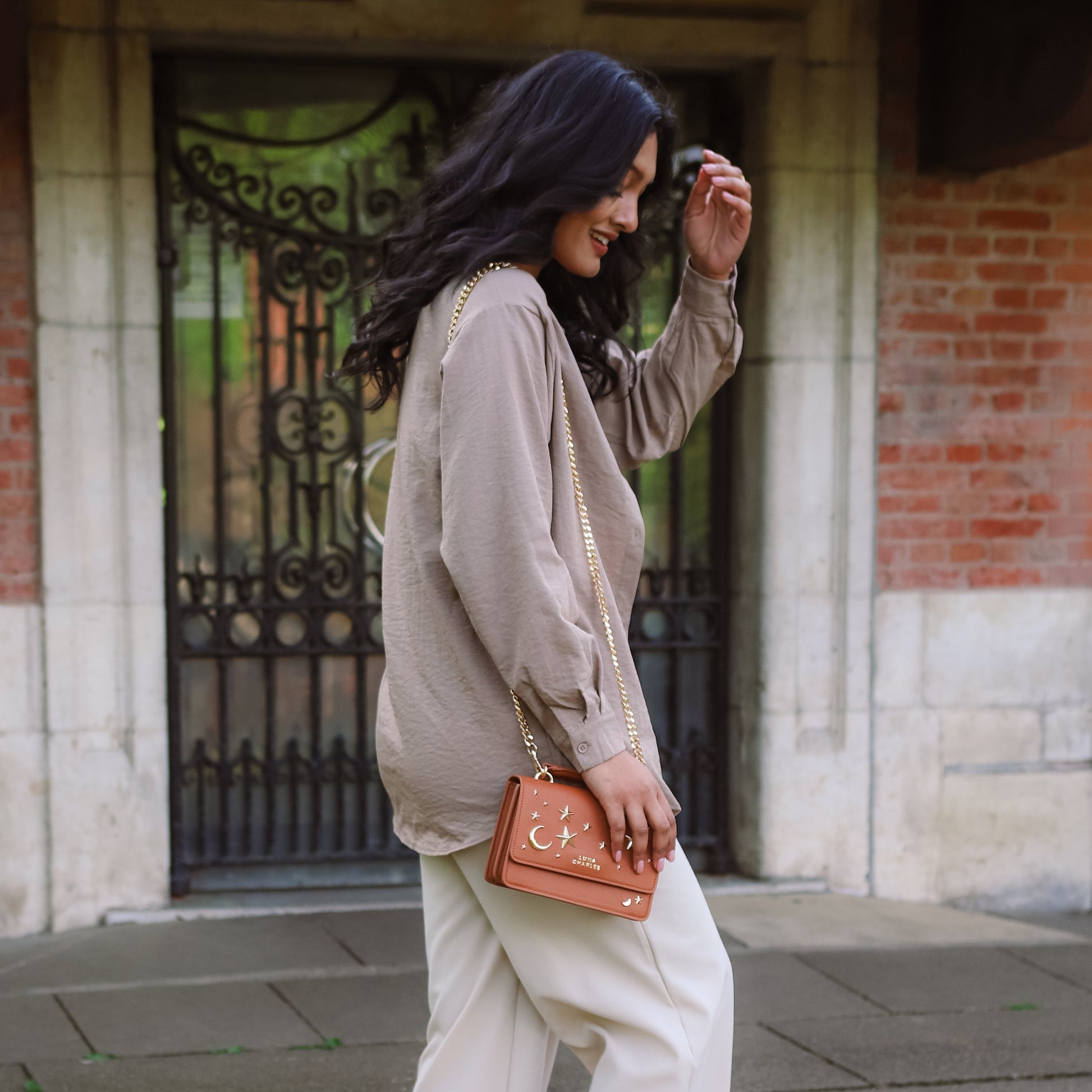 Nova Star Studded Crossbody Bag in Tan and Gold