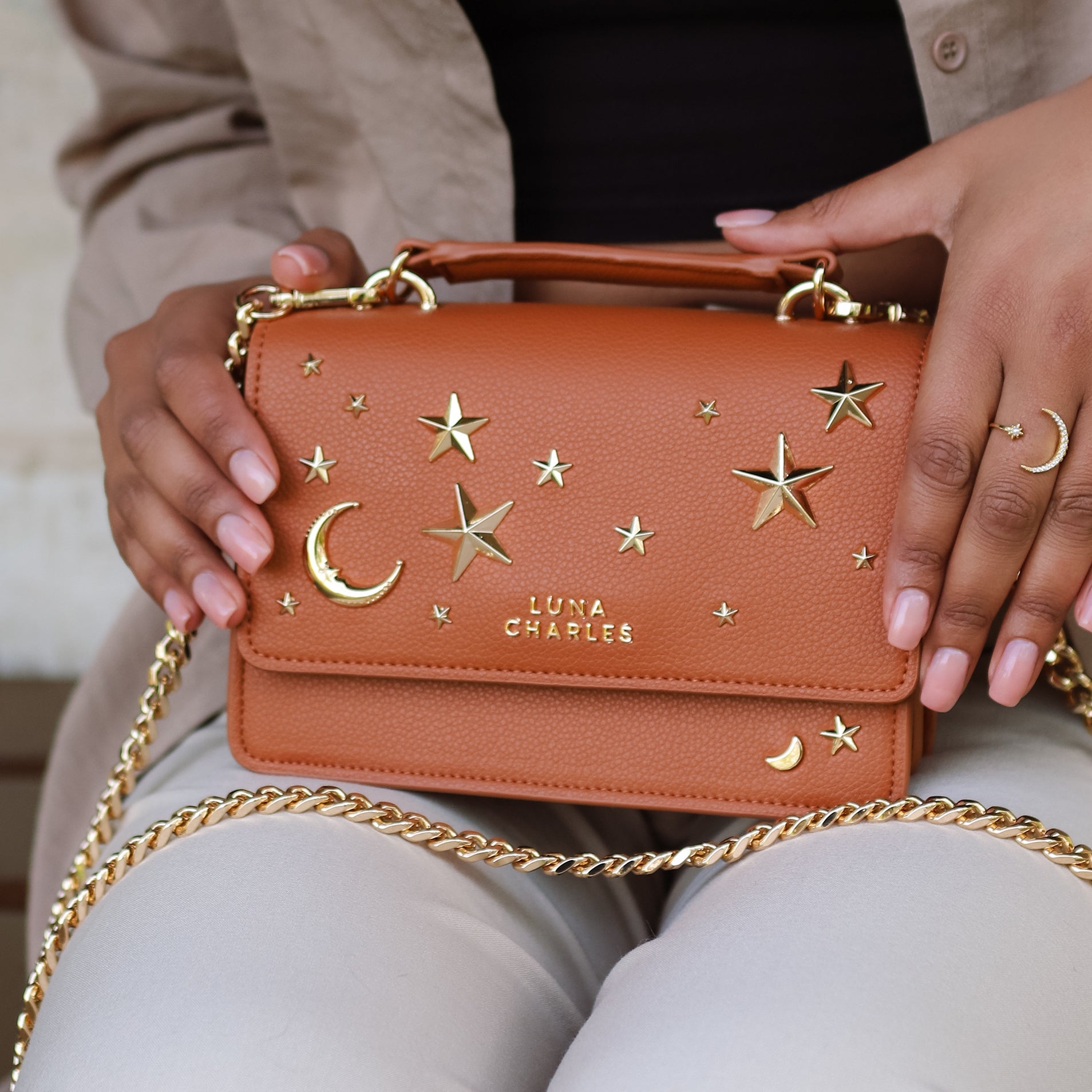 Nova Star Studded Crossbody Bag in Tan and Gold