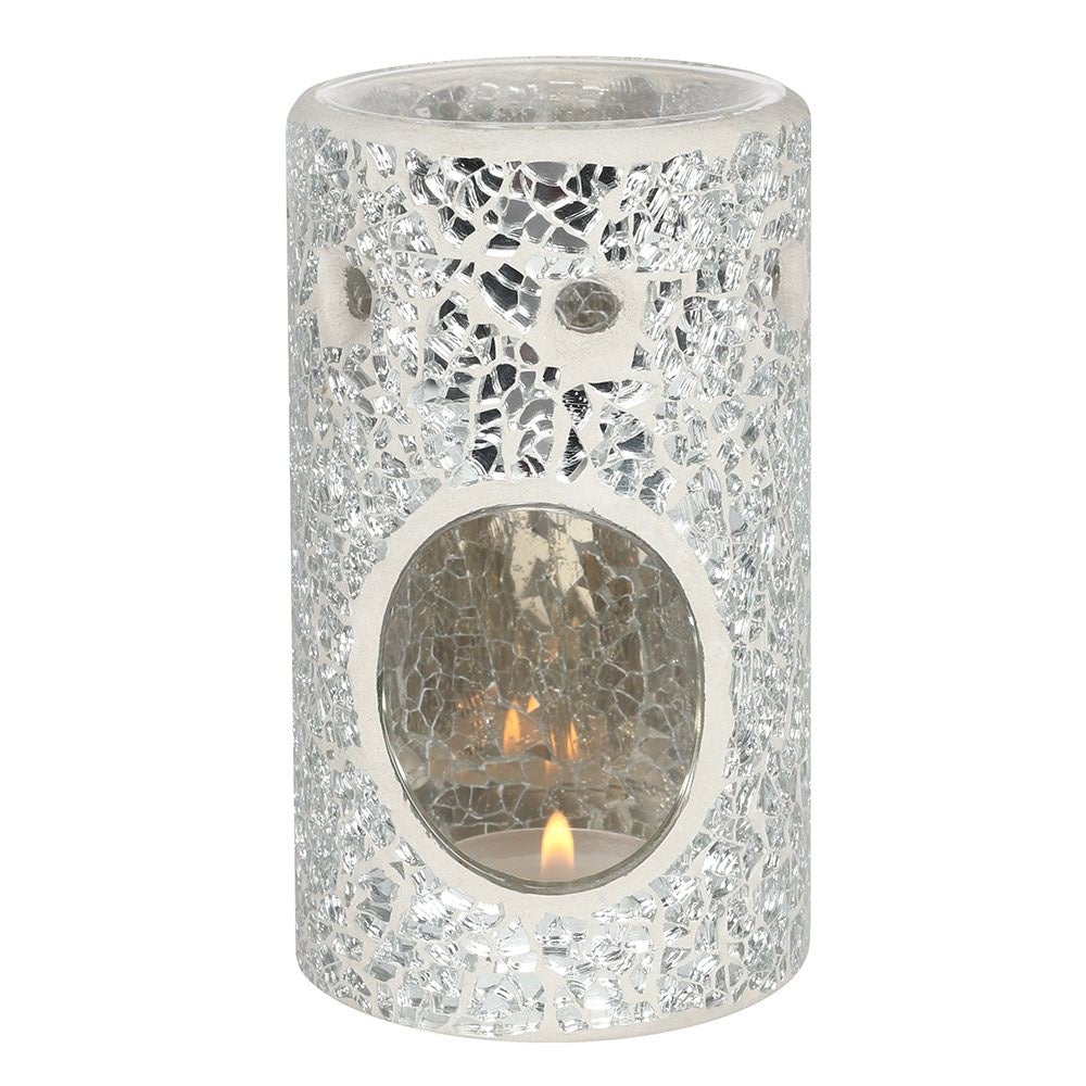 Crackle Glass Pillar Wax Burner in Silver