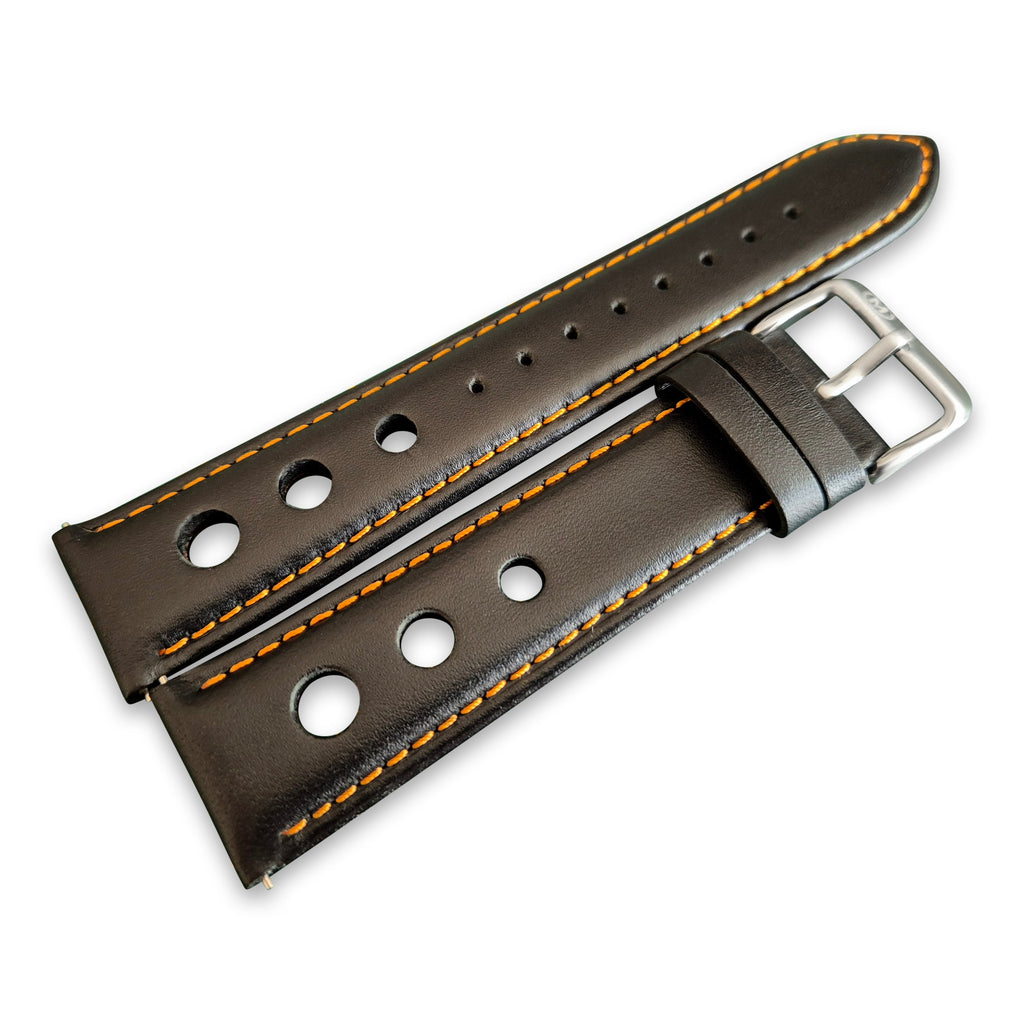 Black and Orange Leather Rally Watch Strap 22mm