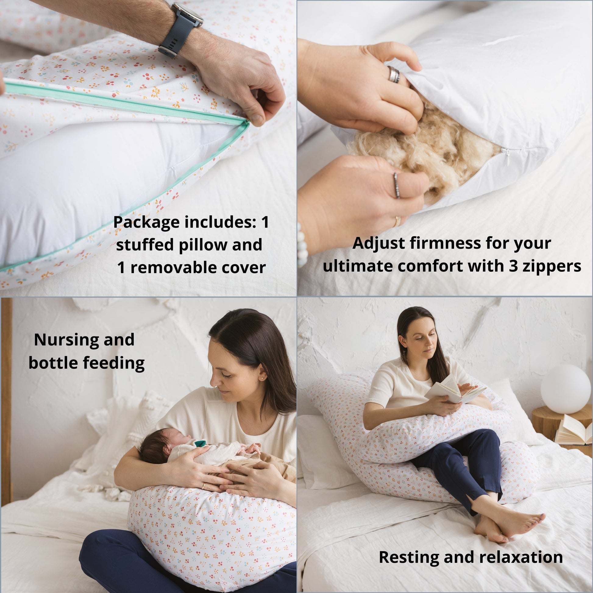 U-Shaped Maternity Pillow with Organic Cotton Cover in Milk White