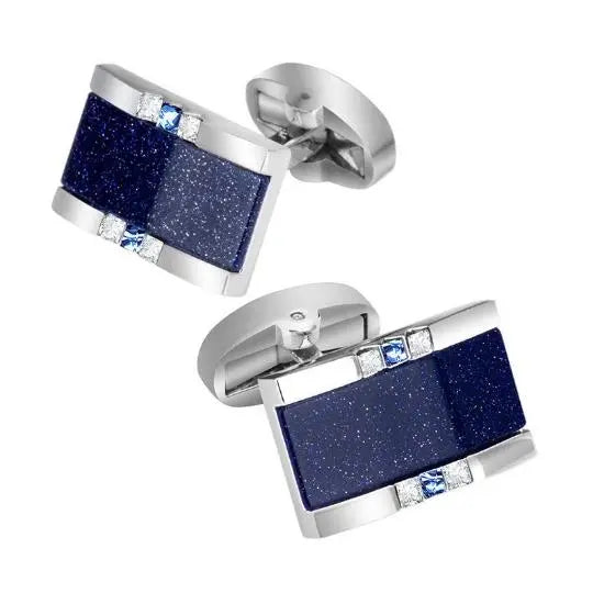 Oblong Blue Sandstone and Crystal Cufflinks in Sterling Silver