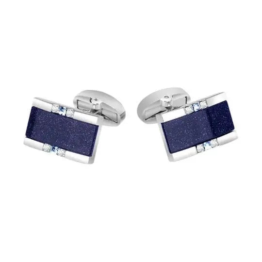 Oblong Blue Sandstone and Crystal Cufflinks in Sterling Silver