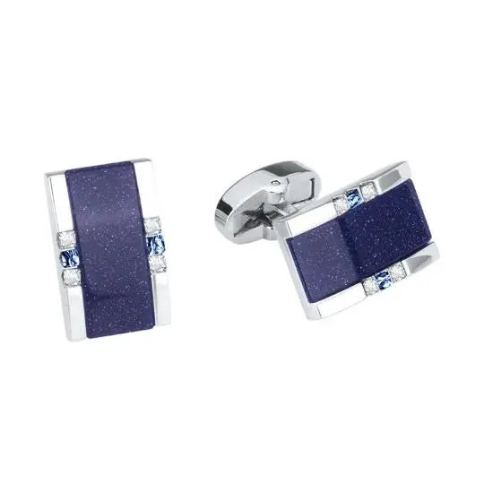 Oblong Blue Sandstone and Crystal Cufflinks in Sterling Silver