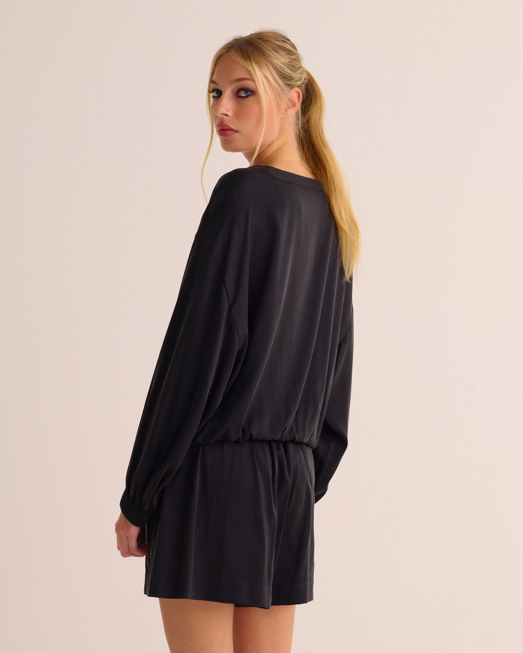 Black Washable Organic Stretch Silk Tie Waist Sweatshirt