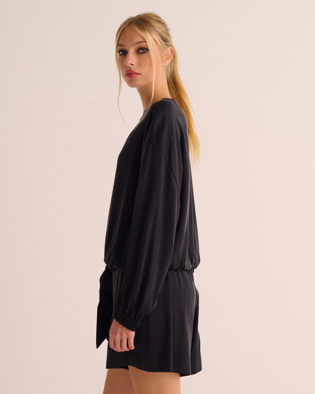 Black Washable Organic Stretch Silk Tie Waist Sweatshirt