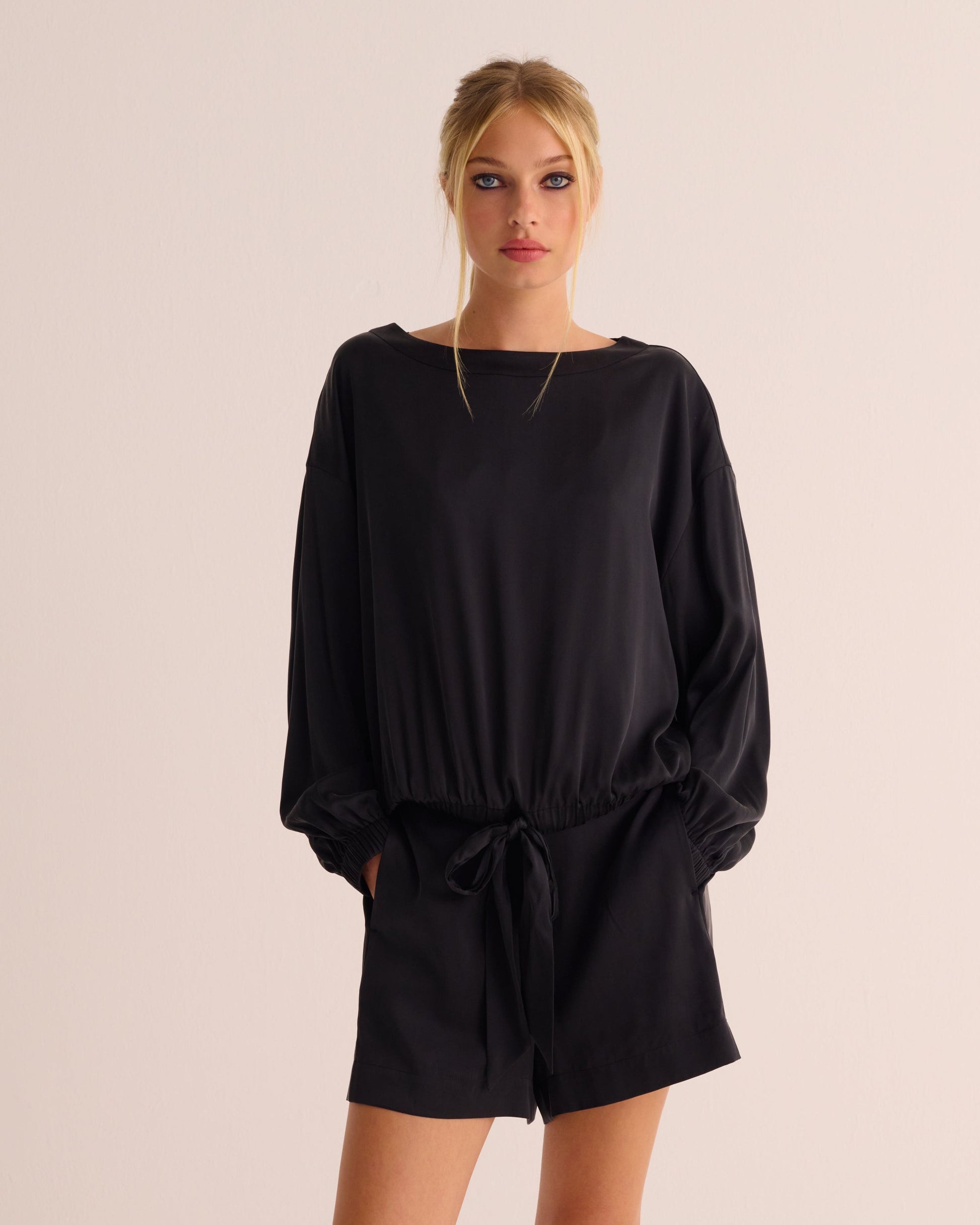 Black Washable Organic Stretch Silk Tie Waist Sweatshirt