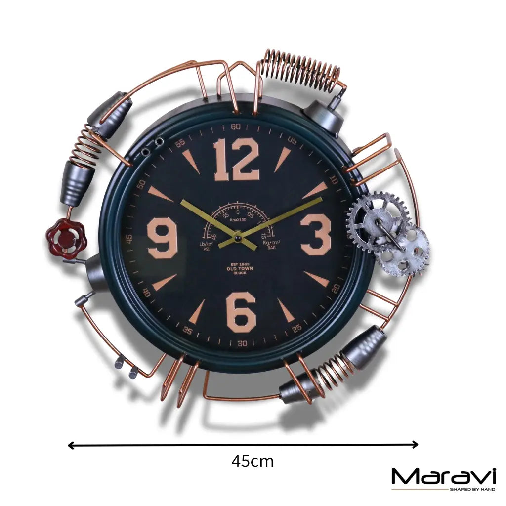 Industrial Wall Clock with Copper Numerals and Steampunk Details