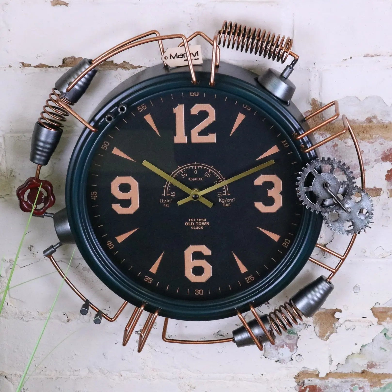 Industrial Wall Clock with Copper Numerals and Steampunk Details