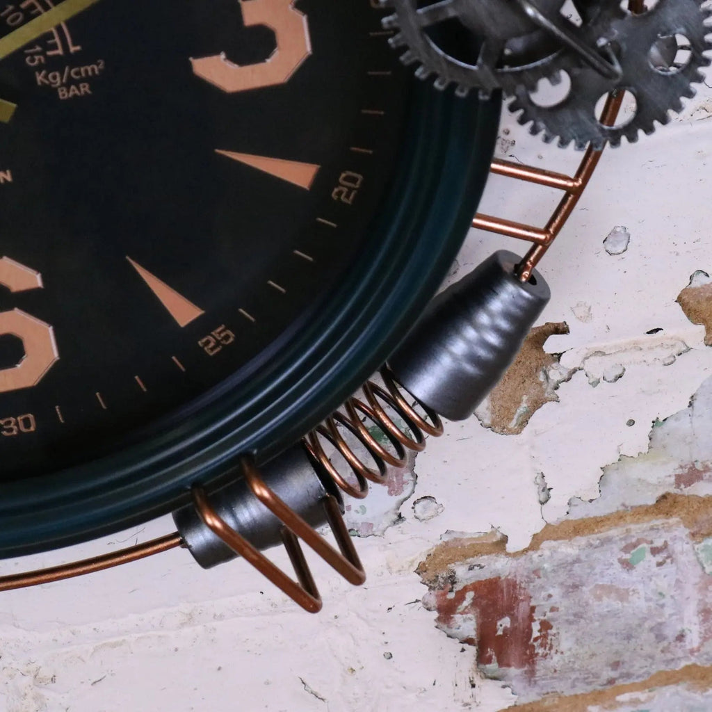 Industrial Wall Clock with Copper Numerals and Steampunk Details