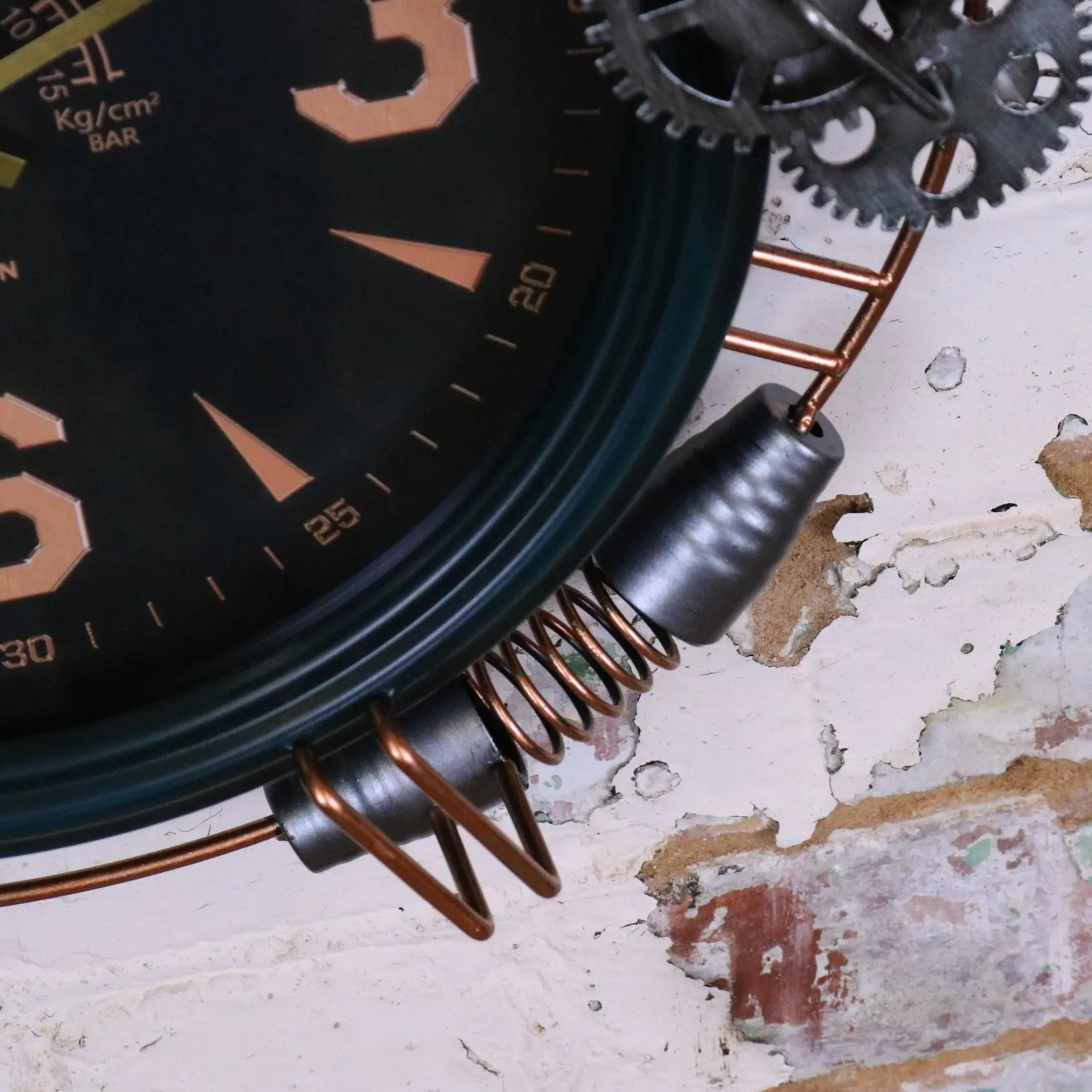 Industrial Wall Clock with Copper Numerals and Steampunk Details