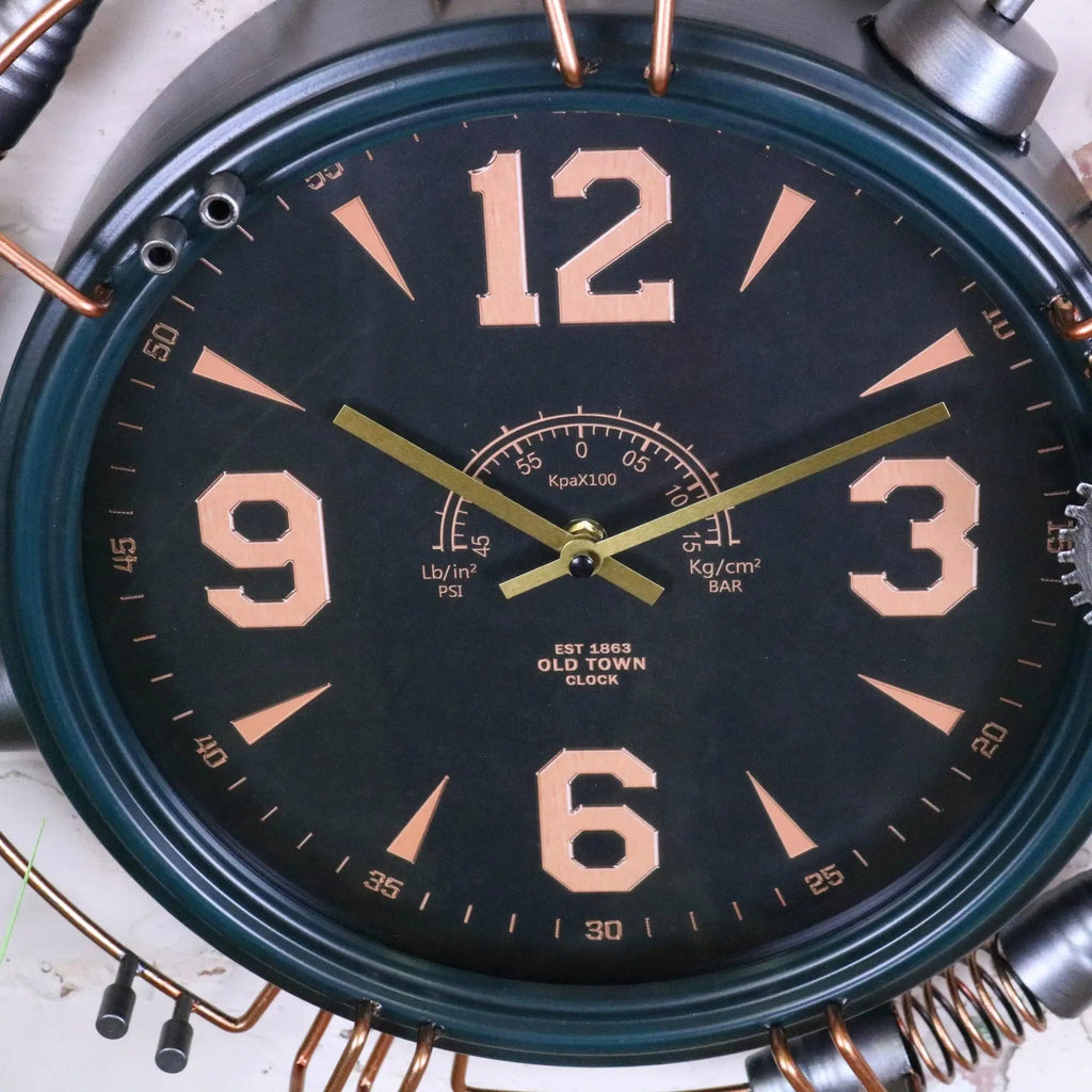 Industrial Wall Clock with Copper Numerals and Steampunk Details