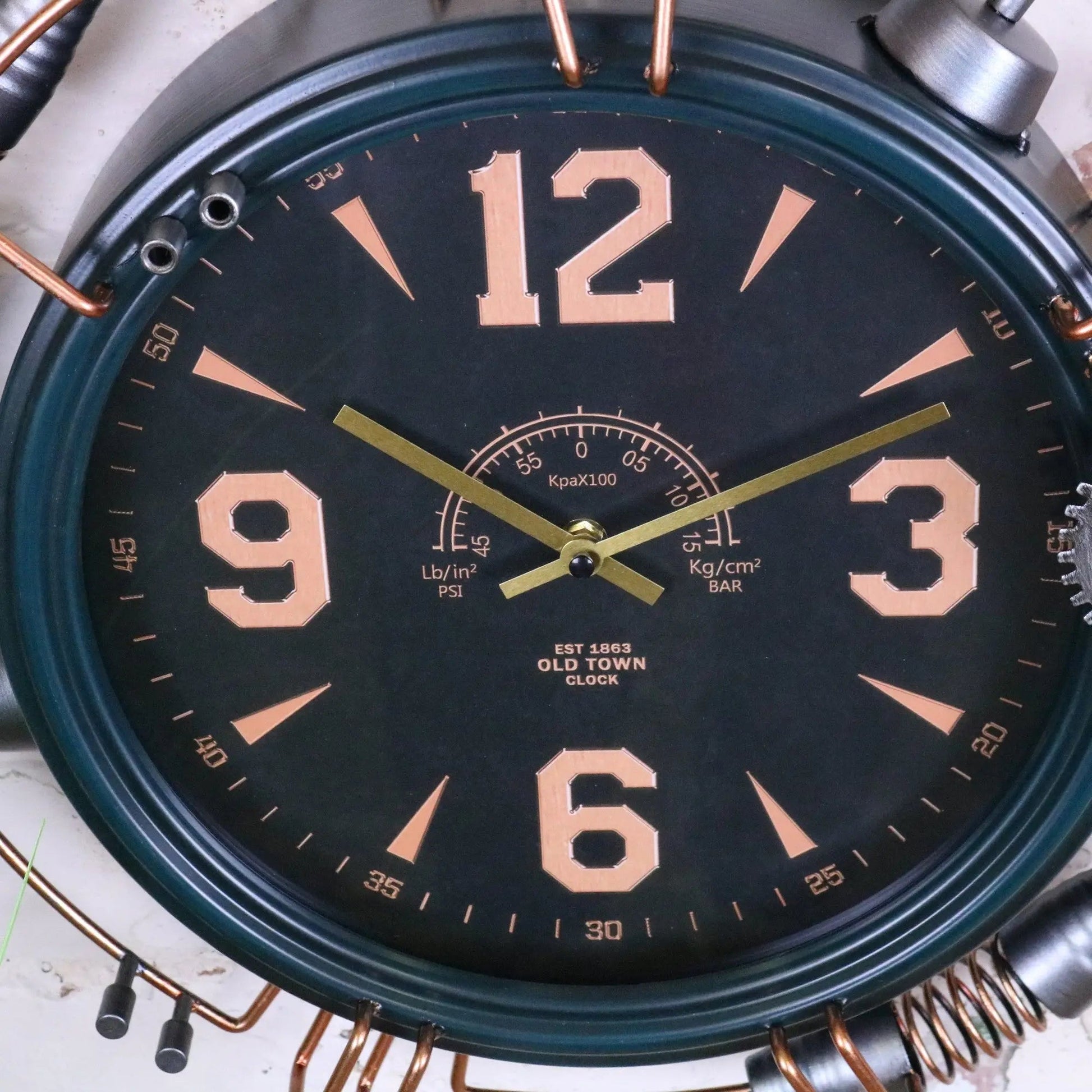 Industrial Wall Clock with Copper Numerals and Steampunk Details