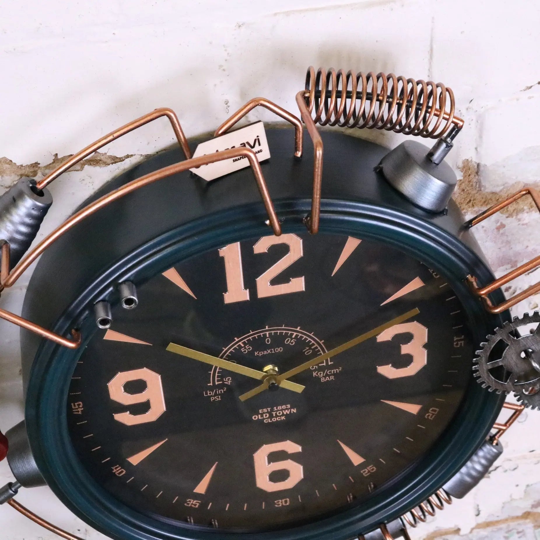 Industrial Wall Clock with Copper Numerals and Steampunk Details