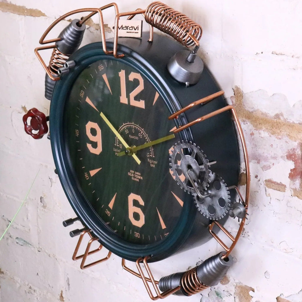 Industrial Wall Clock with Copper Numerals and Steampunk Details