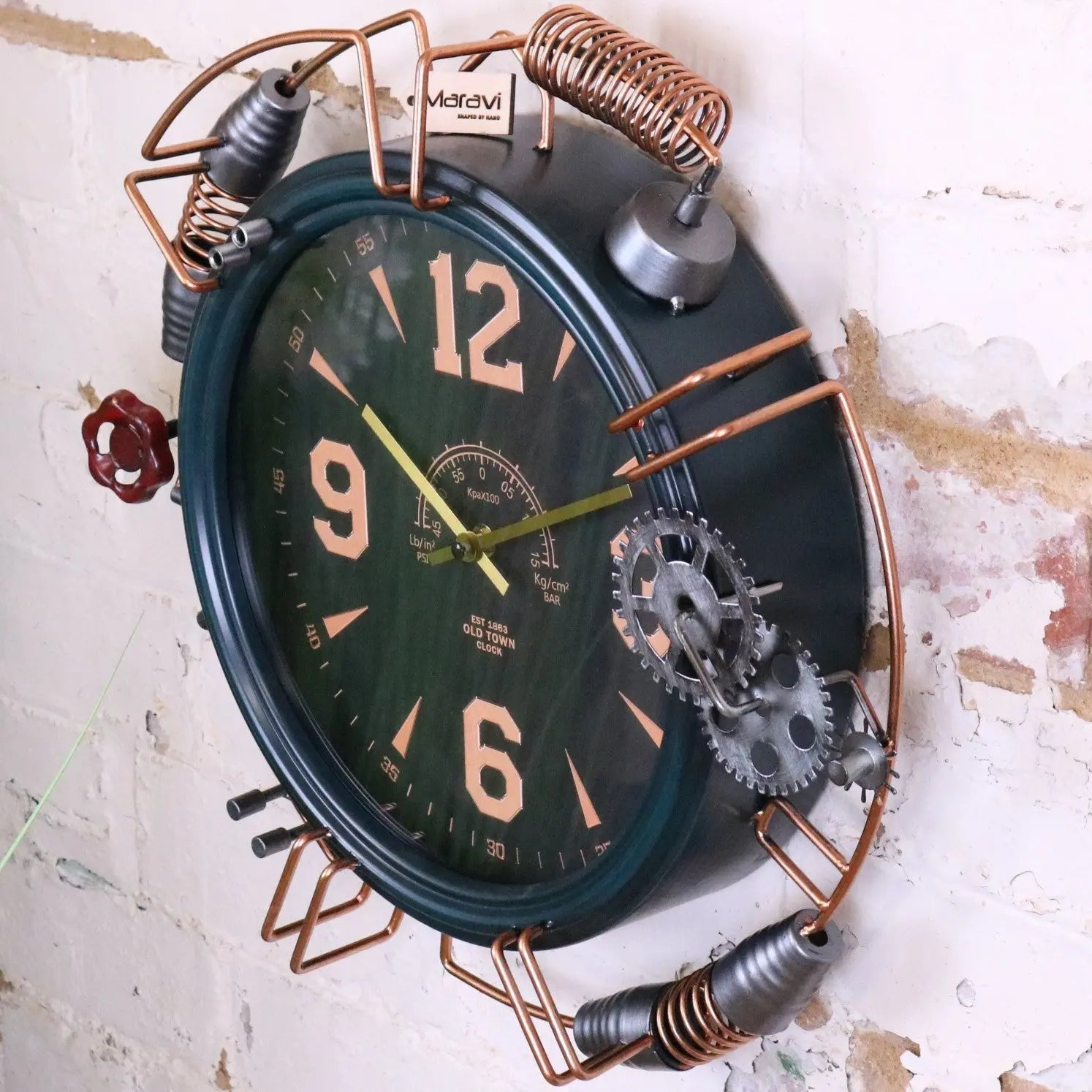 Industrial Wall Clock with Copper Numerals and Steampunk Details