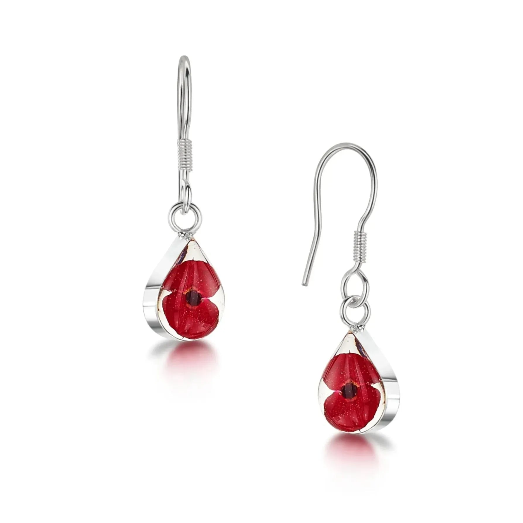 Poppy Teardrop Earrings Sterling Silver with Real Flowers