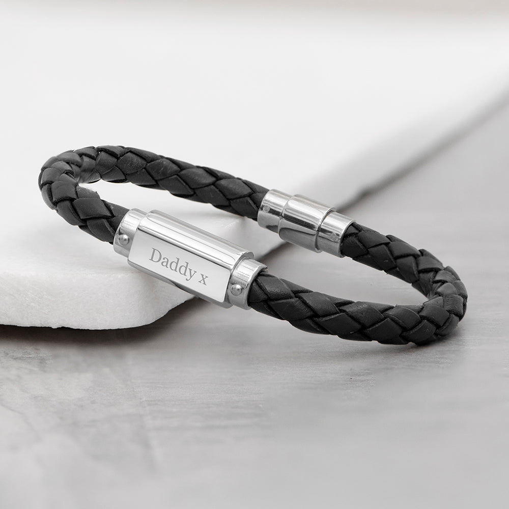 Personalised Luxury Mens Leather Bracelet with Engraved Nameplate