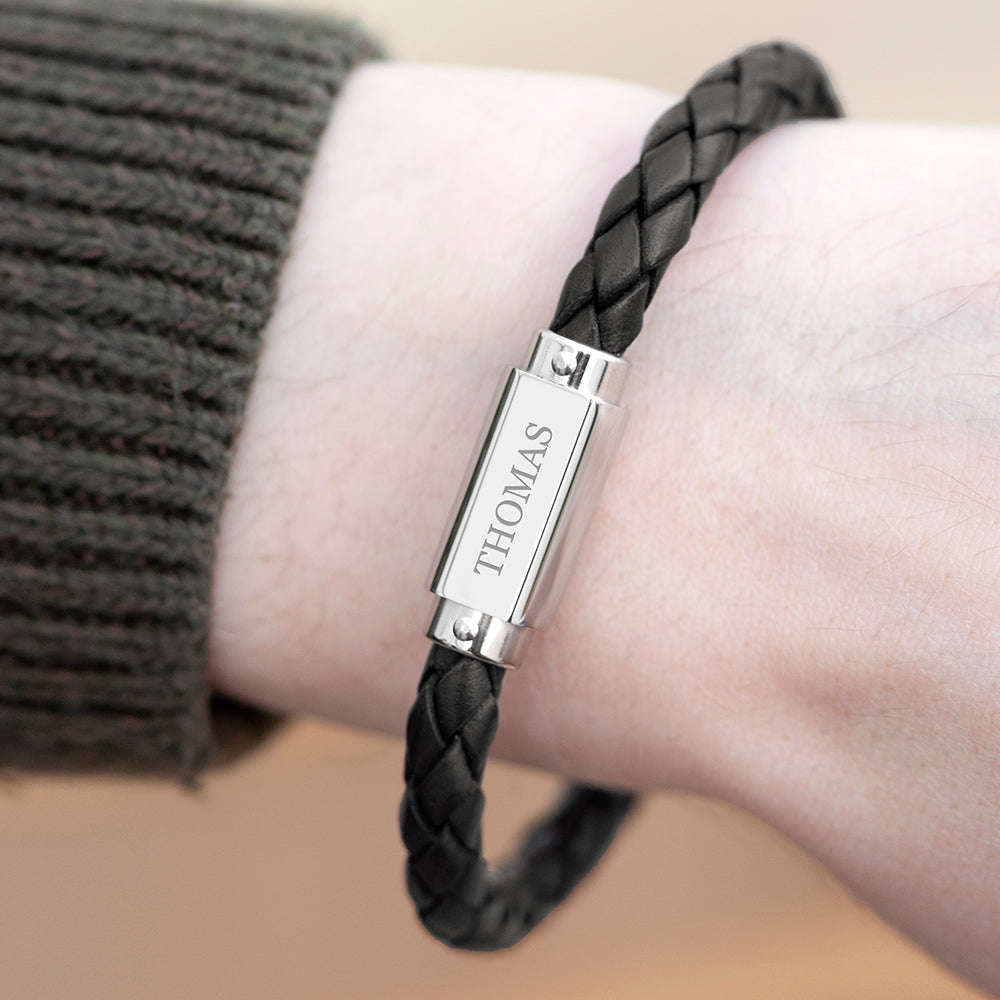 Personalised Luxury Mens Leather Bracelet with Engraved Nameplate