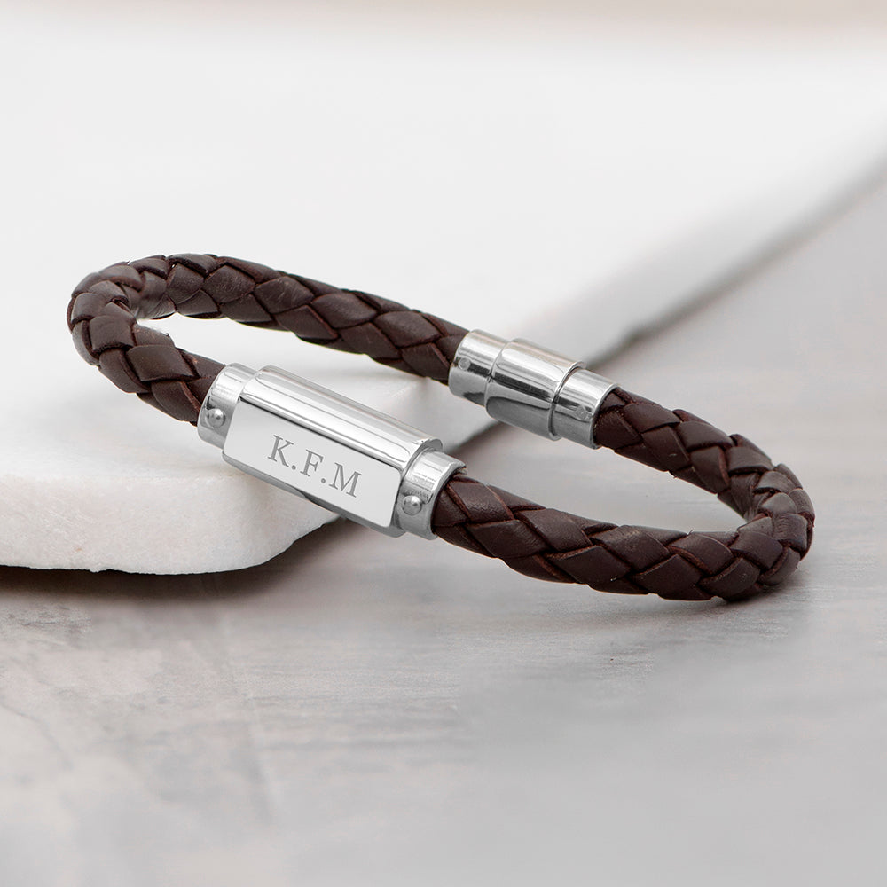 Personalised Luxury Mens Leather Bracelet with Engraved Nameplate
