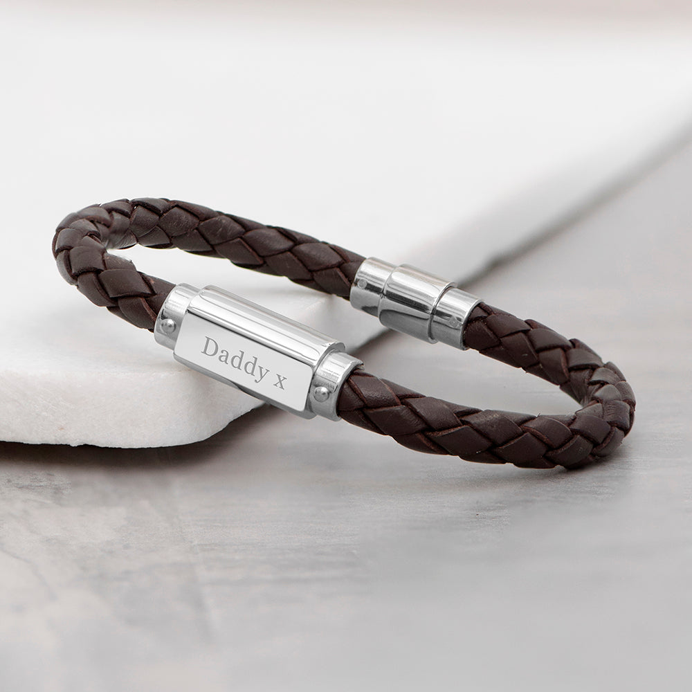 Personalised Luxury Mens Leather Bracelet with Engraved Nameplate