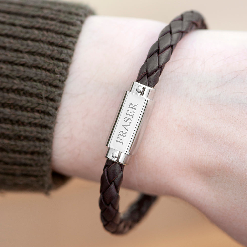Personalised Luxury Mens Leather Bracelet with Engraved Nameplate