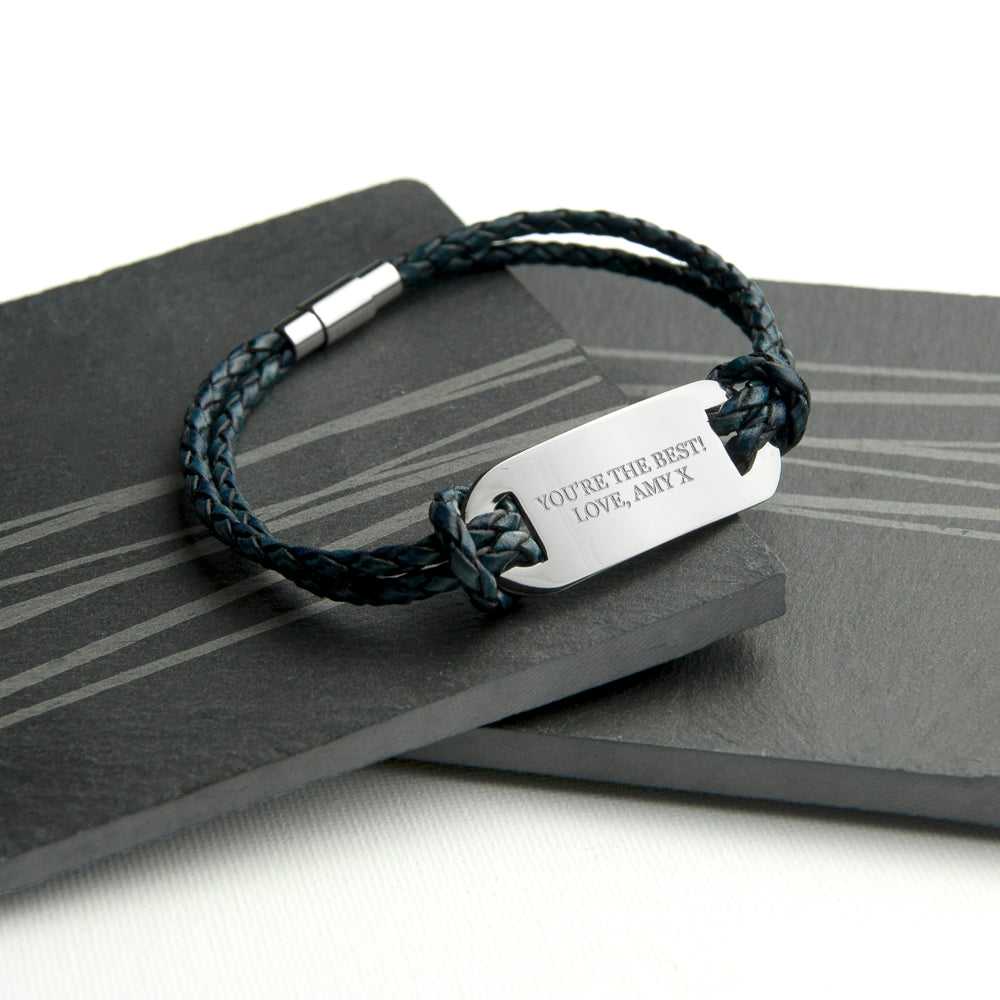 Personalised Men's Statement Leather Bracelet in Navy