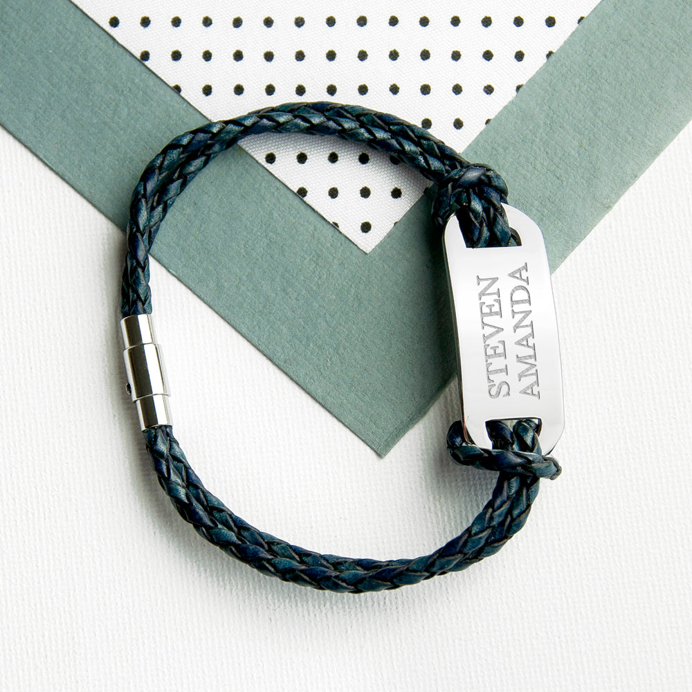 Personalised Men's Statement Leather Bracelet in Navy