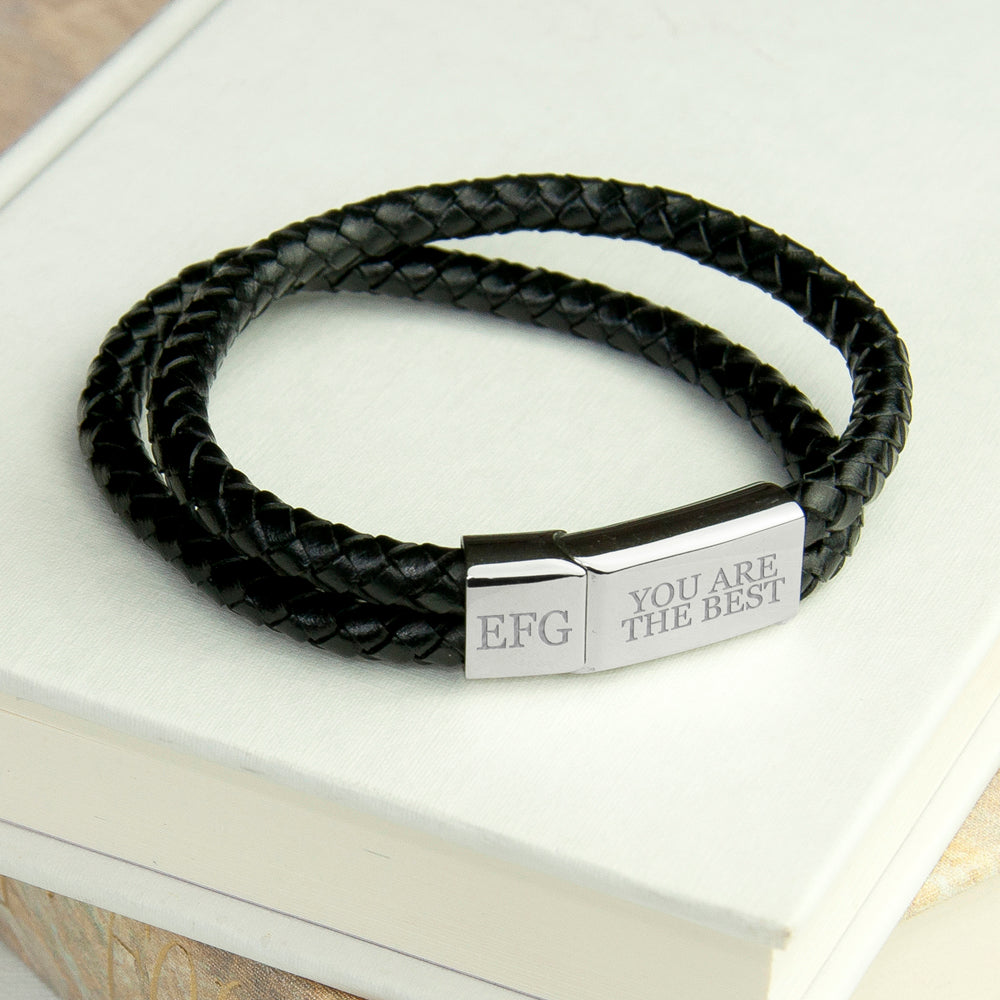 Personalised Men's Dual Leather Woven Bracelet in Black