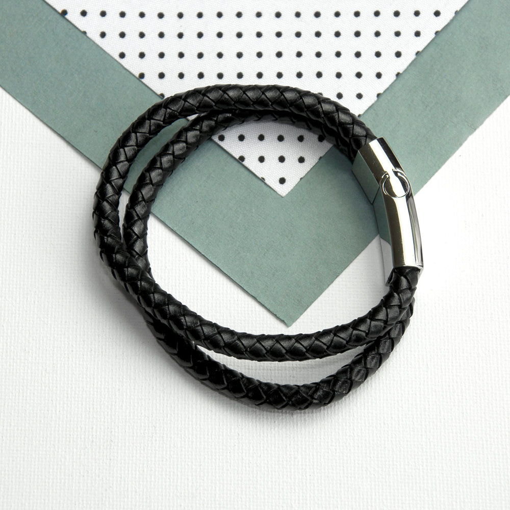Personalised Men's Dual Leather Woven Bracelet in Black