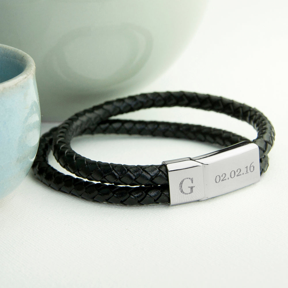 Personalised Men's Dual Leather Woven Bracelet in Black