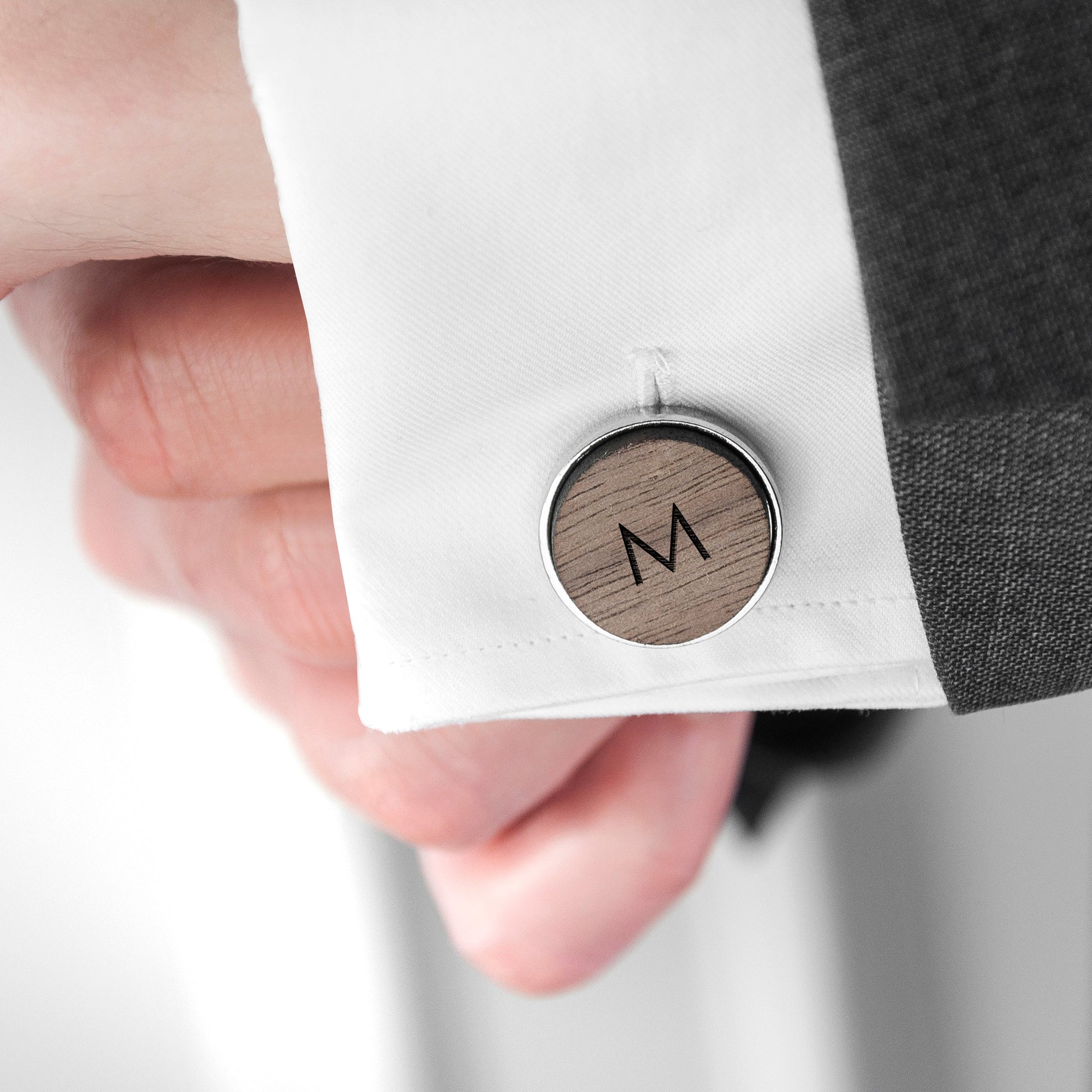 Personalised Round Walnut Wood Cufflinks with Monogram Engraving