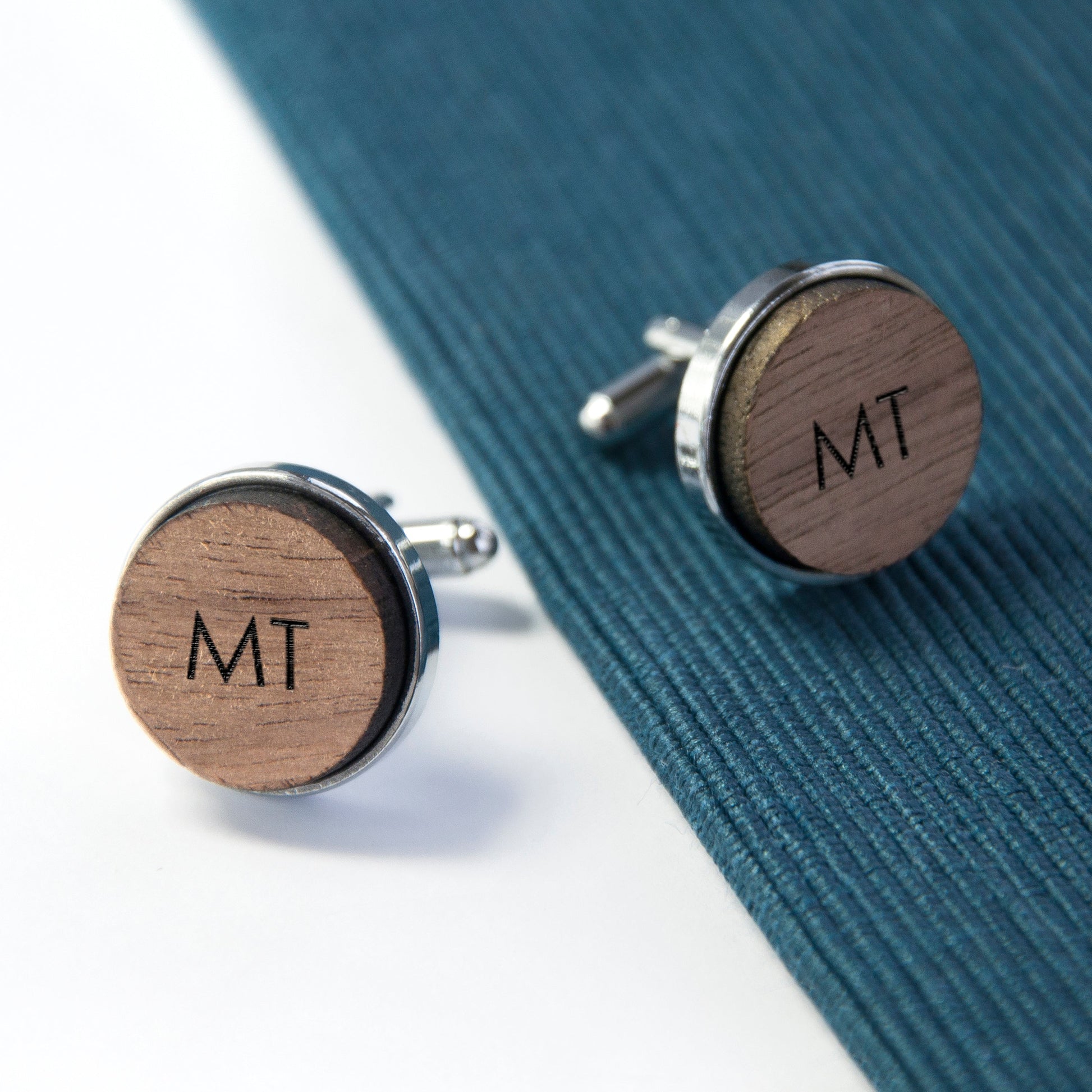 Personalised Round Walnut Wood Cufflinks with Monogram Engraving