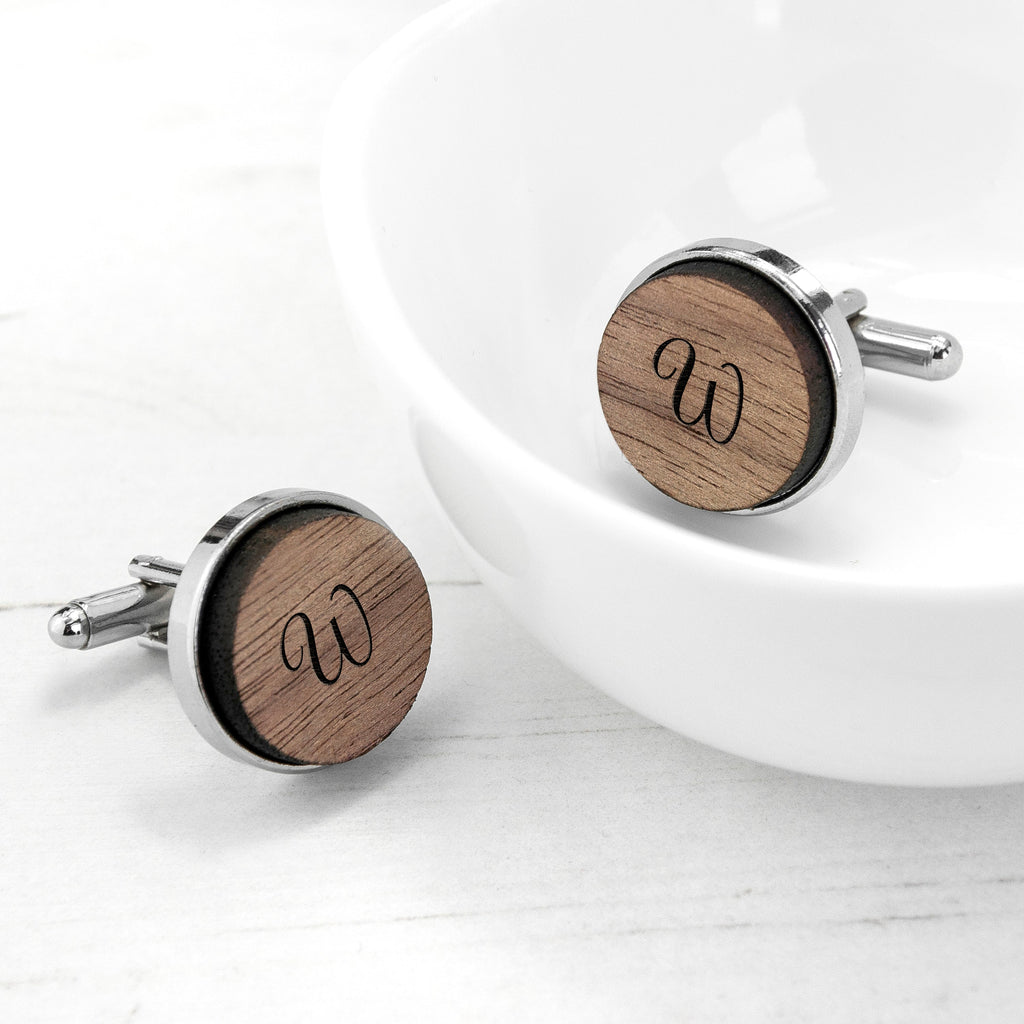 Personalised Round Walnut Wood Cufflinks with Monogram Engraving
