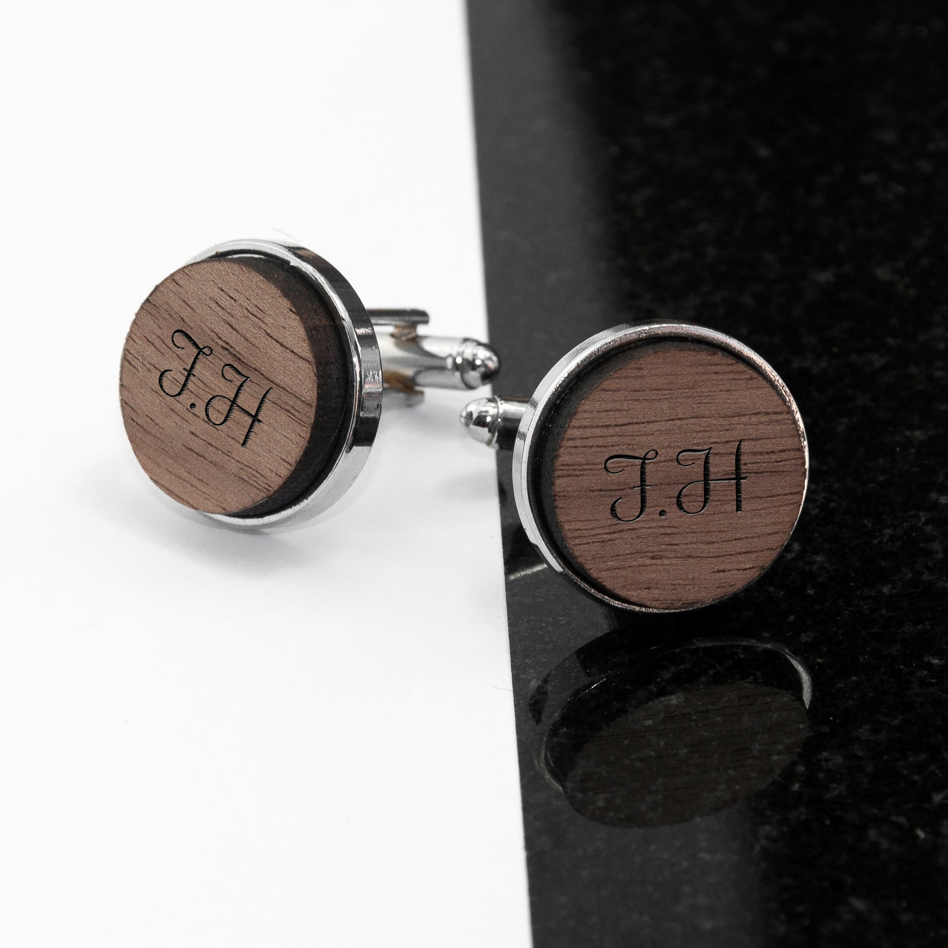 Personalised Round Walnut Wood Cufflinks with Monogram Engraving